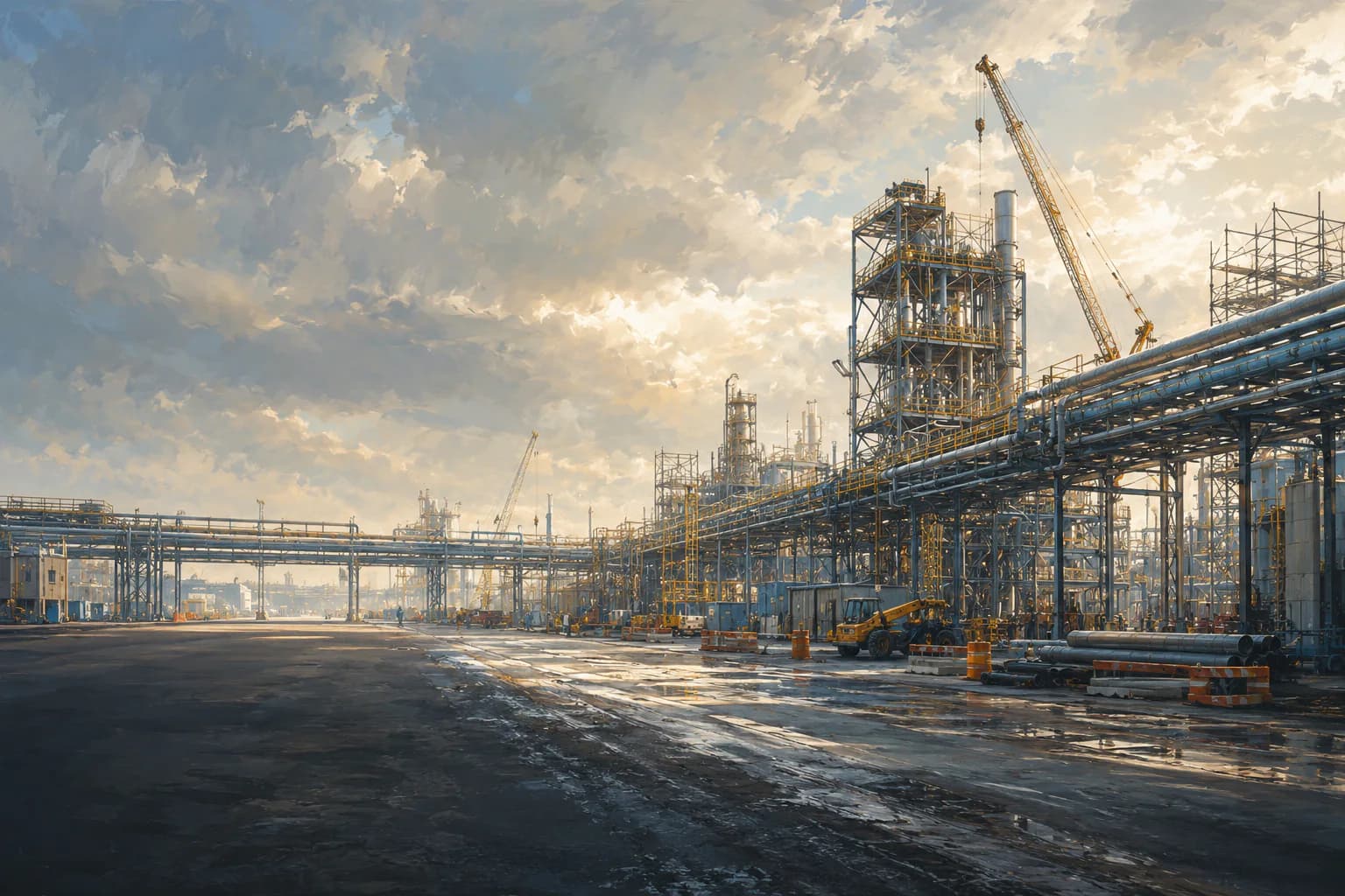 Painted industrial worksite at first light, with cranes, steel structures, and a road leading into the shift