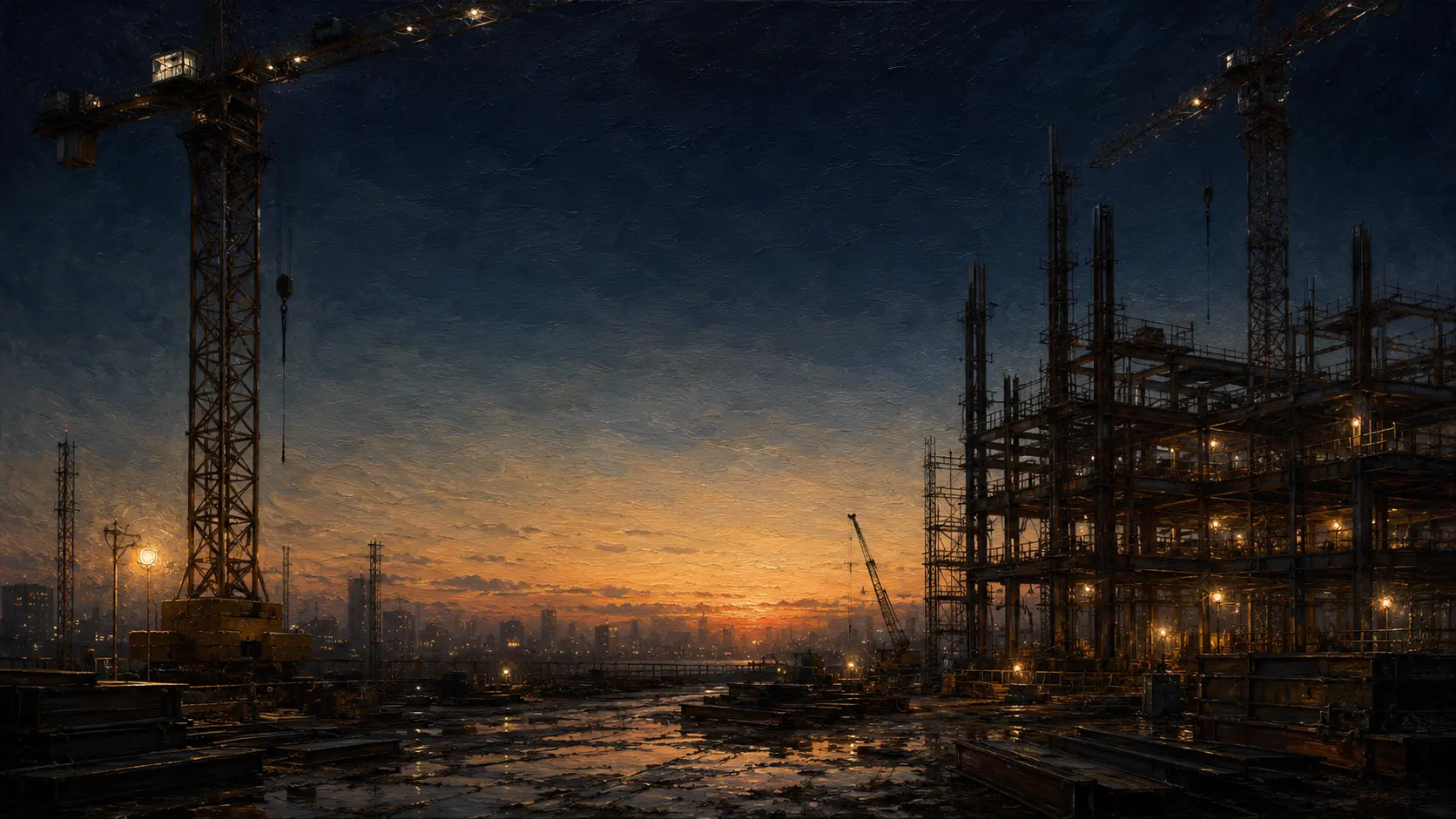 Painted industrial steel construction site at first light
